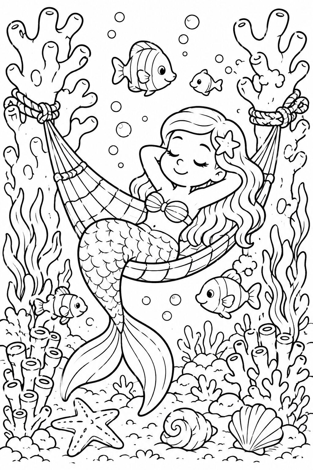 A charming mermaid rests in a hammock amidst coral and fish. The scene captures an underwater paradise with marine creatures, inviting children to explore their creativity with colors.