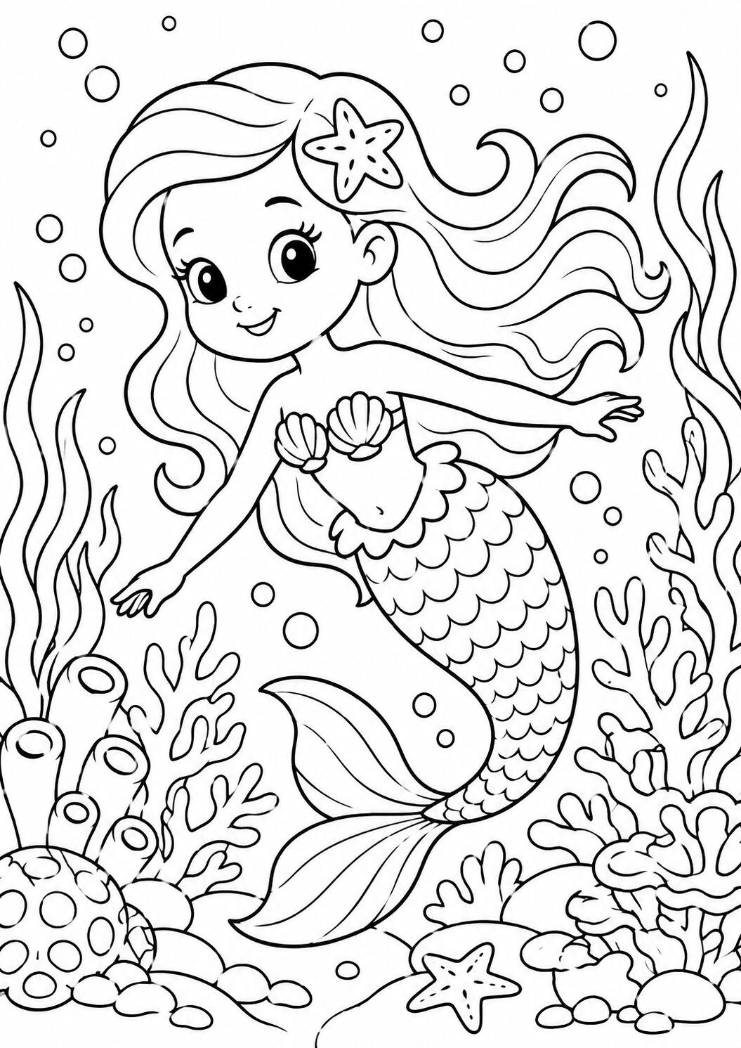 A captivating mermaid in a detailed underwater scene. She has long flowing hair, a starfish accessory, and a fish tail, surrounded by corals and bubbles. Perfect for children's coloring activities.
