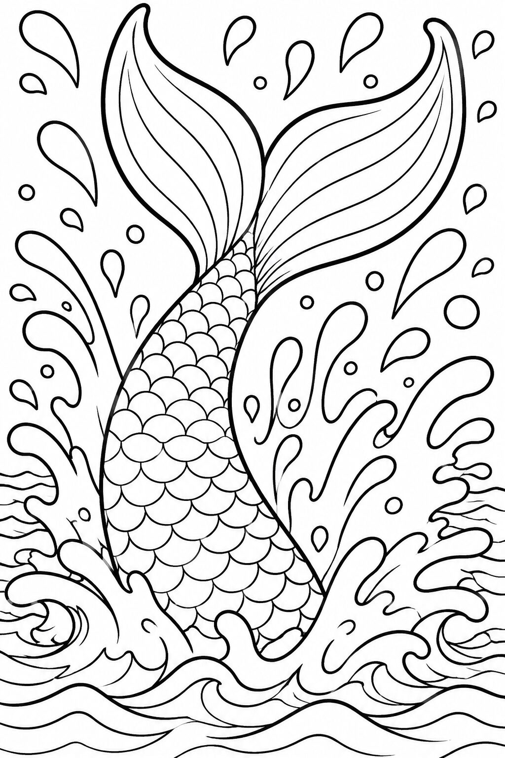 Coloring page with a detailed mermaid tail splashing out of the water, showcasing realistic scales and dynamic water motion for children to color.