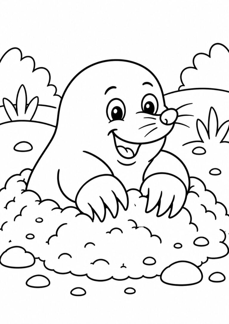 An adorable mole with a happy expression popping out of its burrow. The simple lines make it easy for children to color, offering a fun and educational experience. Bushes and rocks surround the mole, completing the outdoor scene.