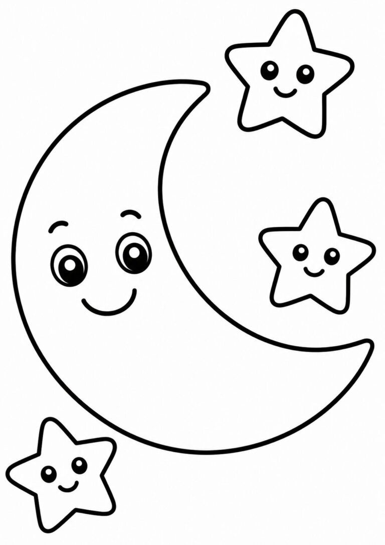 A children’s coloring page depicting a friendly crescent moon with three smiling stars. Ideal for inspiring creativity and providing fun, imaginative playtime for young kids.