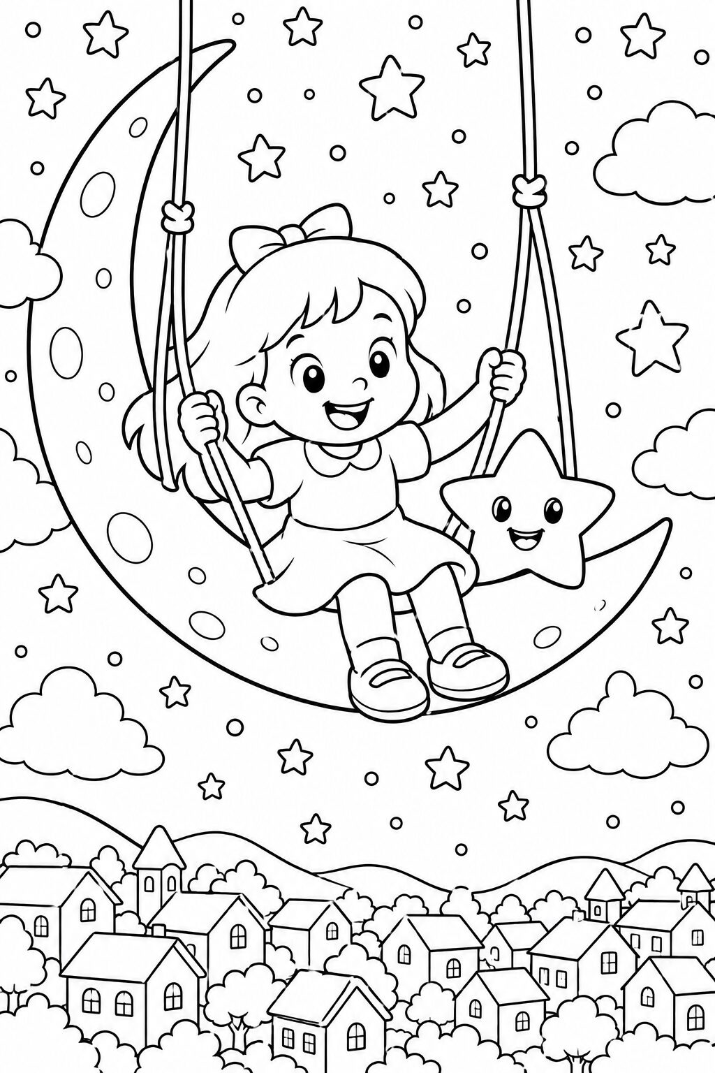 A young girl swings joyfully on a crescent moon in the night sky, surrounded by twinkling stars and soft clouds, overlooking a peaceful village below with hills and houses.