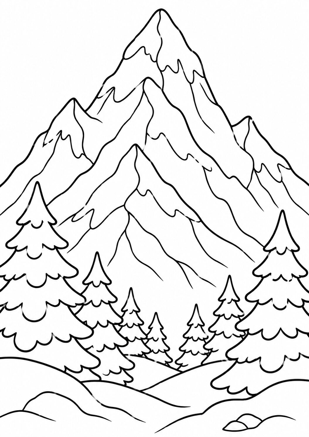 A detailed mountain landscape coloring page with towering peaks and dense pine trees, offering a serene and inspiring nature scene for children to color.
