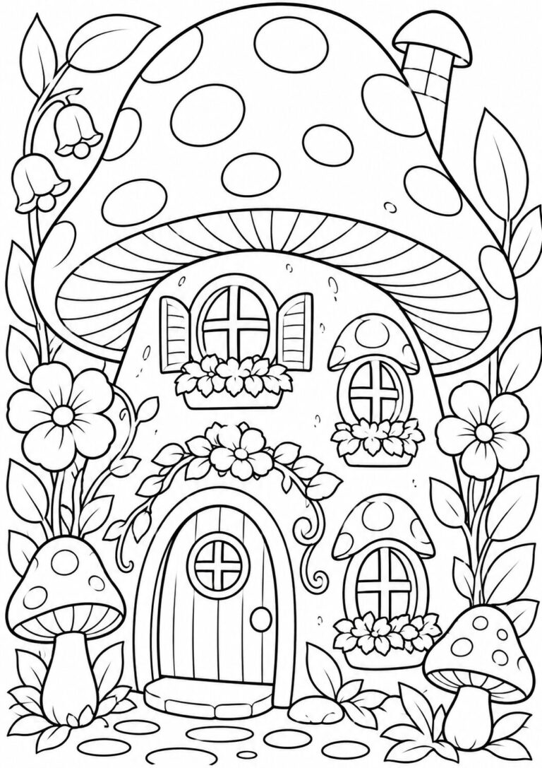 A whimsical mushroom house coloring page featuring detailed flora surrounding the structure. The mushroom roof and charming windows invite children to explore their creativity and color each element vibrantly, making it an engaging activity full of imaginative possibilities.