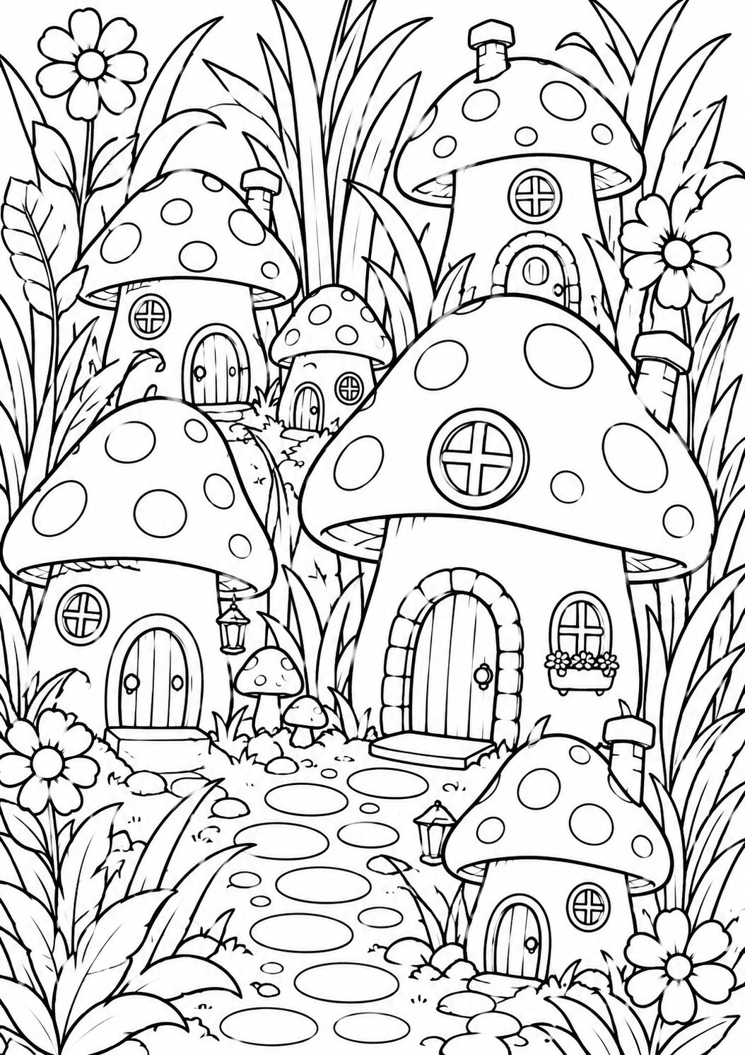 A whimsical coloring page featuring a village of mushroom-shaped houses surrounded by tall grass and flowers, inviting children to color the intricate details like windows and cobblestone paths.