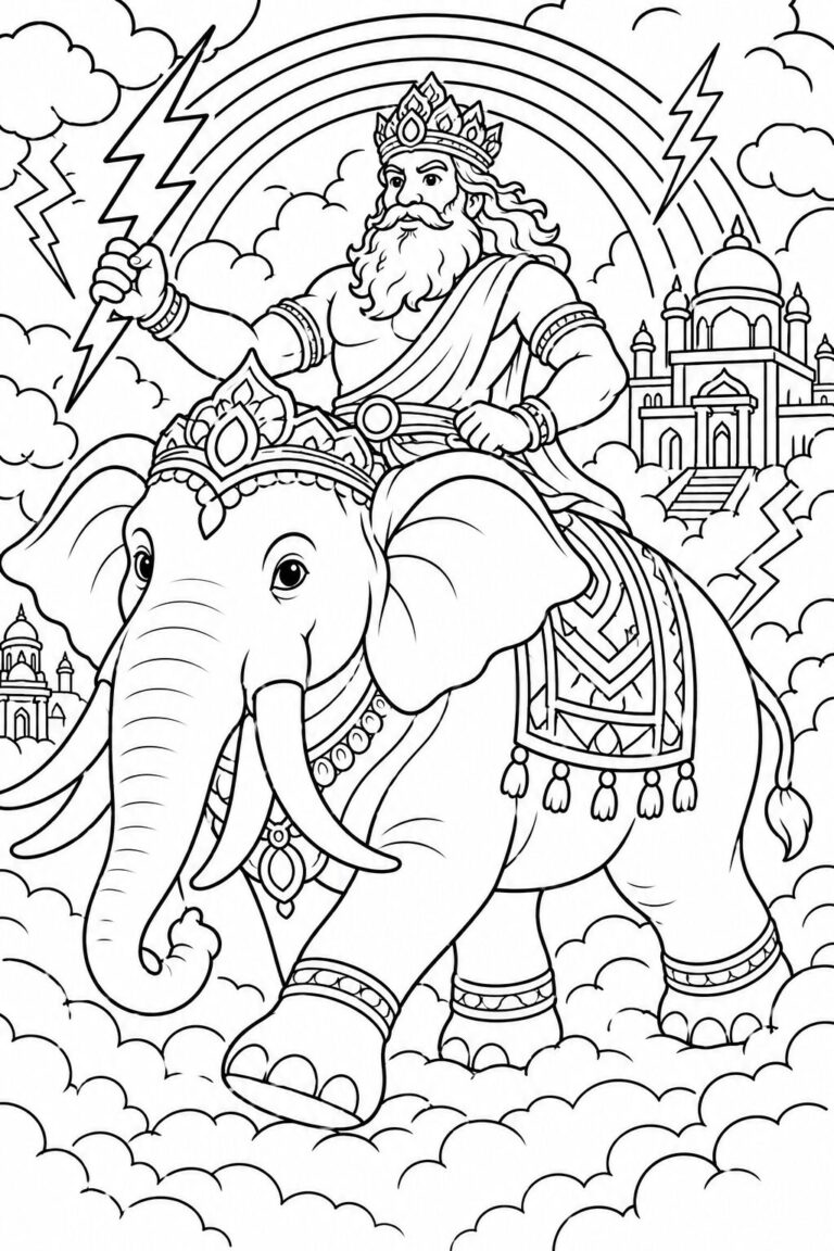 A detailed coloring page featuring a jeweled mythical elephant carrying a god-like figure, surrounded by clouds, rainbows, and a grand temple. Perfect for fostering creativity and imagination in children.