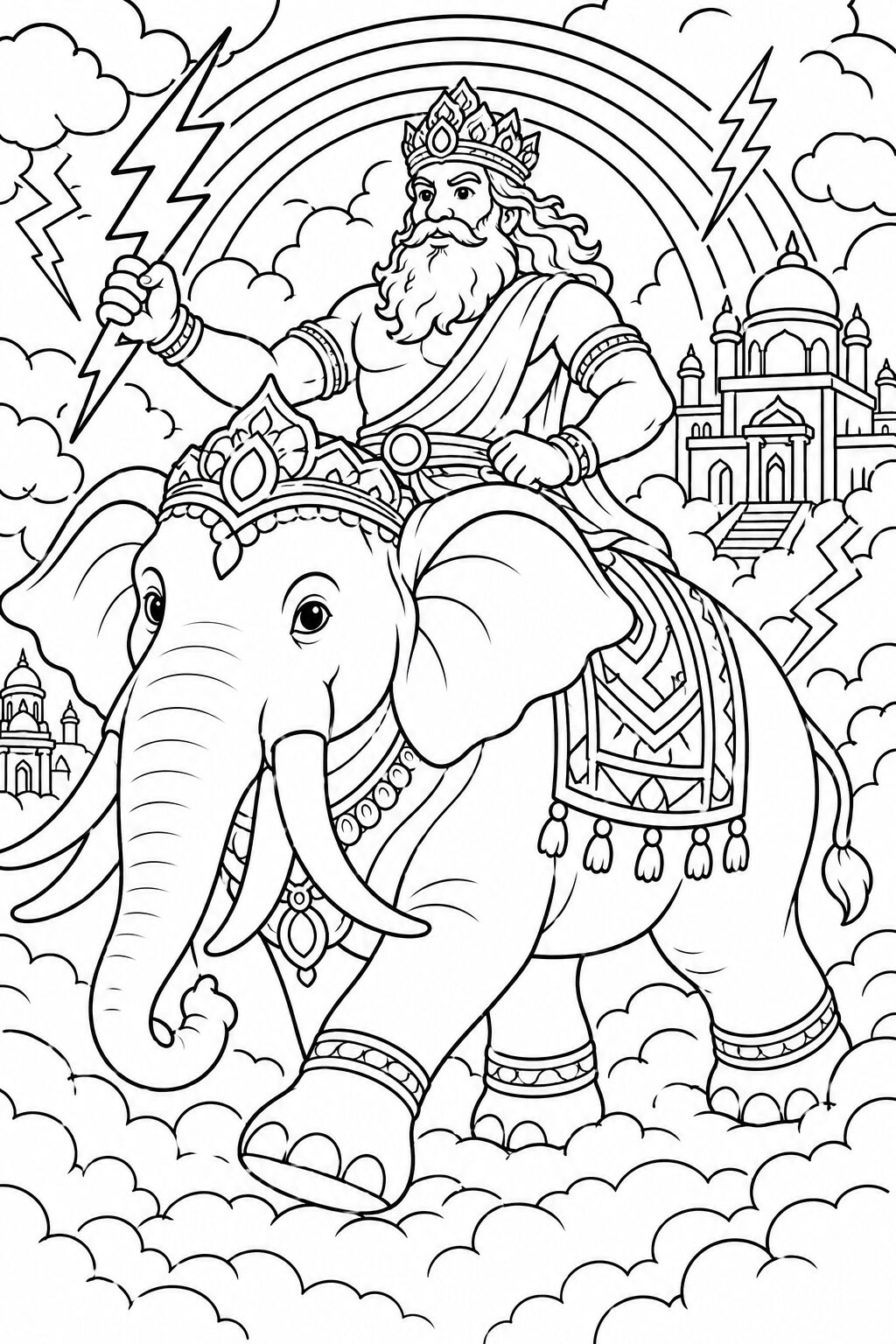 A detailed coloring page featuring a jeweled mythical elephant carrying a god-like figure, surrounded by clouds, rainbows, and a grand temple. Perfect for fostering creativity and imagination in children.