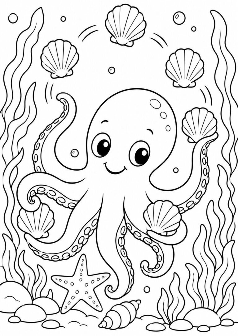Engaging octopus coloring page for kids, featuring a smiling octopus surrounded by seashells, seaweed, and a starfish, ideal for learning and creativity.