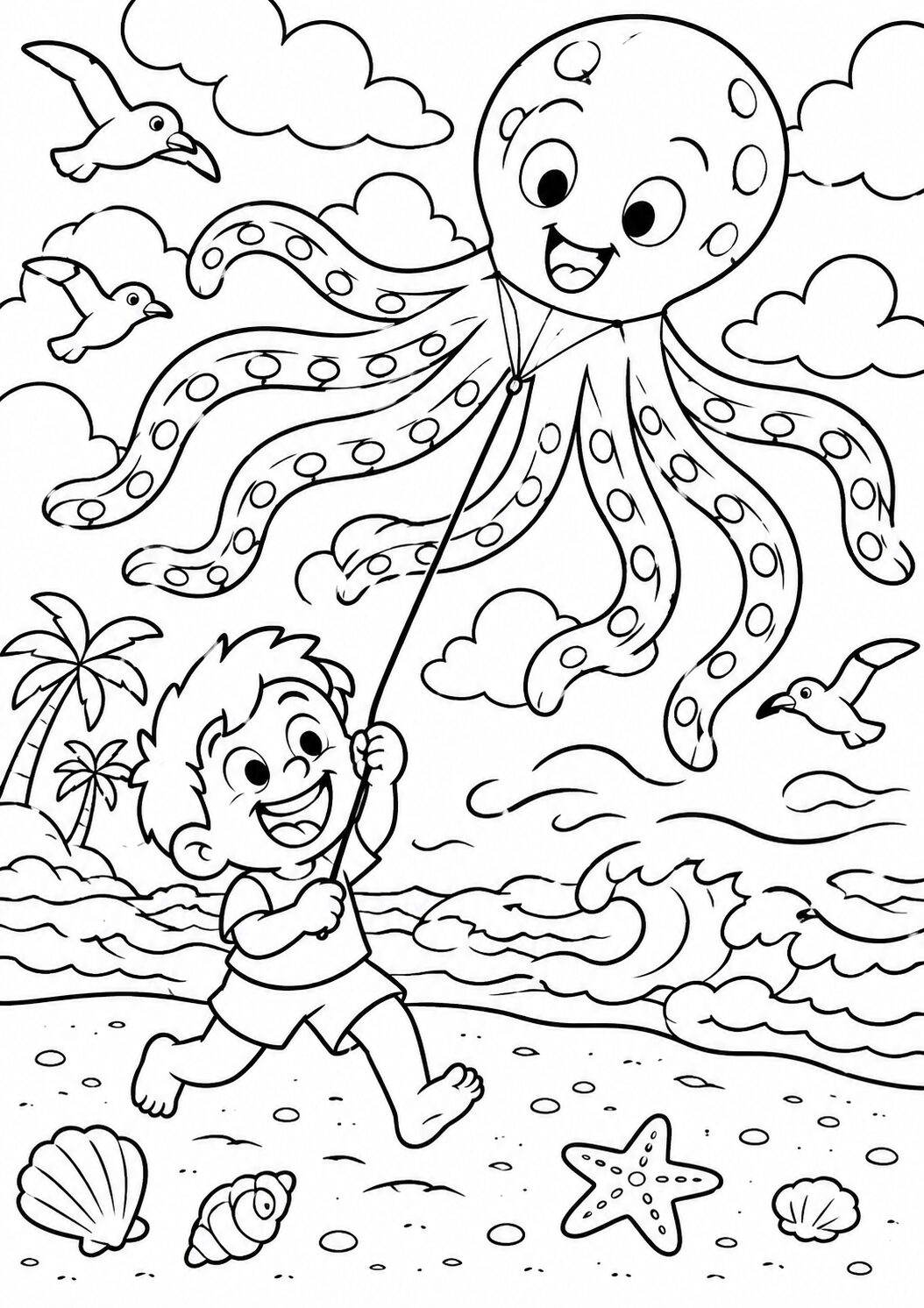 A coloring page featuring a child joyfully running on a beach, flying a kite shaped like a smiling octopus with the ocean waves and seagulls in the backdrop.