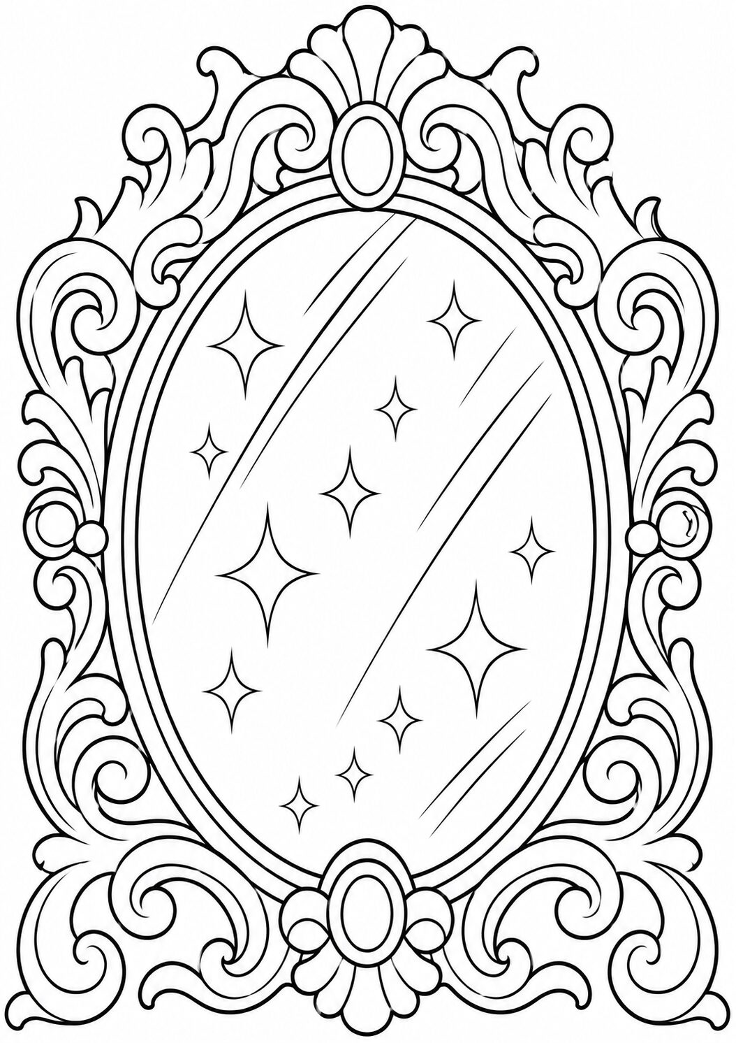Coloring page depicting an ornate mirror with intricate designs for a fantasy-themed activity.