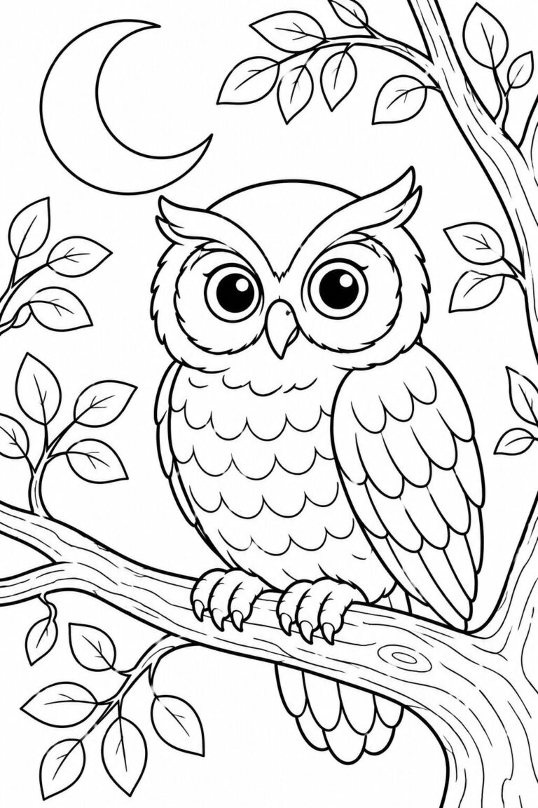 A delightful coloring page showing an owl perched on a branch. The page includes a night setting with a crescent moon, providing a serene and calming scene for children to color.