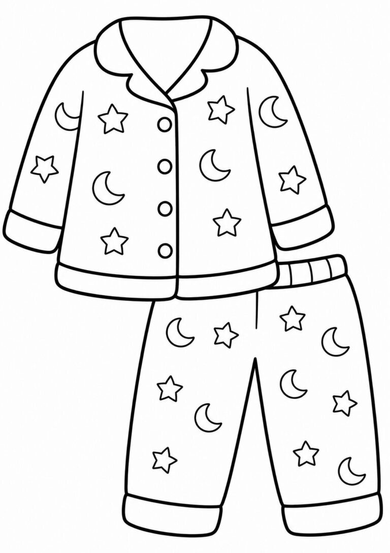 A coloring page showing a pajama set with a top and bottom. The pajamas are decorated with stars and moons, providing a whimsical and comforting design for children to color. Ideal for imaginative coloring activities.