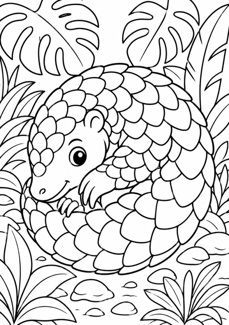 An appealing coloring page showcasing a happy pangolin surrounded by large leaves and stones, ideal for kids to explore their coloring skills and imagination.