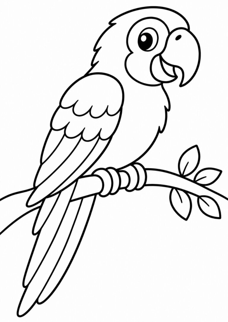 A cheerful parrot sitting on a branch, ideal for kids' coloring activities. The parrot has distinct lines allowing room for imagination and creativity as children use various colors to complete the scene.