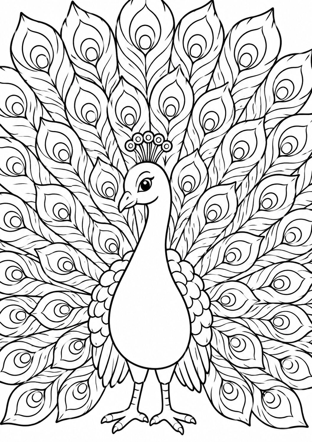 A detailed coloring page of a peacock displaying its feathers, offering children a fun and educational art activity. Perfect for enhancing artistic skills and learning about colors.