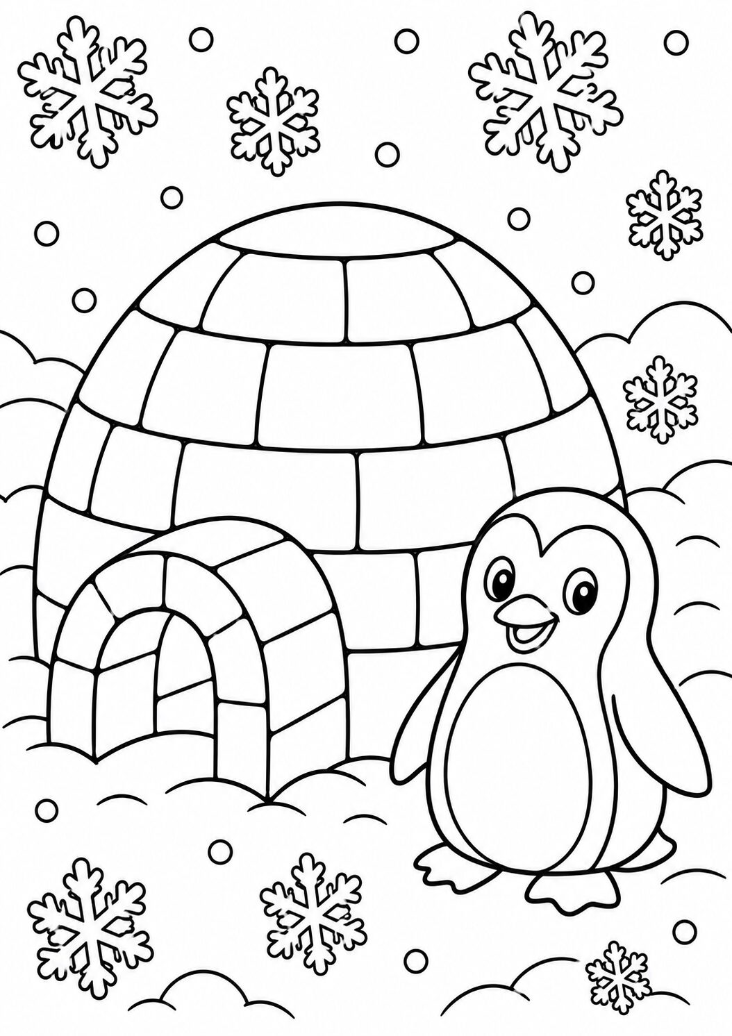 A charming coloring page showing a penguin beside an igloo, surrounded by snowflakes and snowballs. Perfect for children to express creativity in a winter wonderland setting.