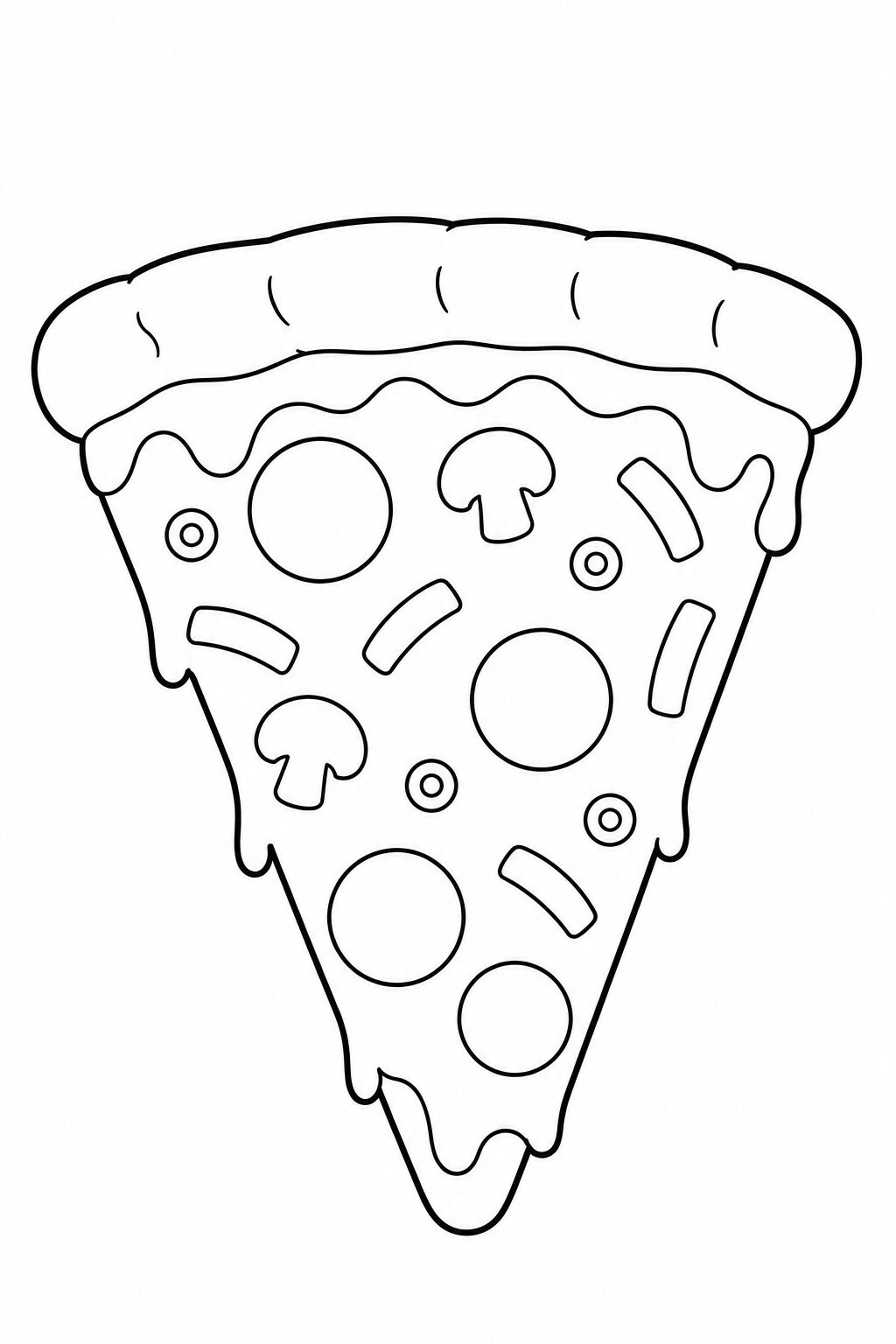 A detailed coloring page of a pizza slice with toppings like mushrooms, pepperoni, and cheese. Ideal for kids who enjoy food-themed coloring activities, promoting creativity and fun learning.