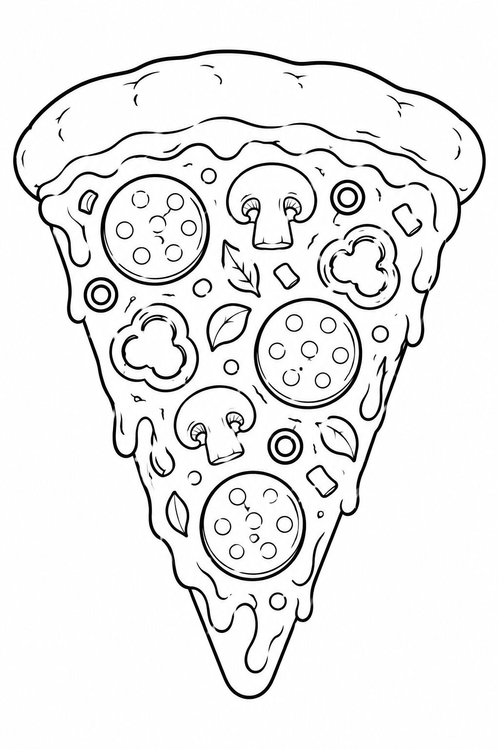 A detailed coloring page of a pizza slice with various toppings like mushrooms and pepperoni, perfect for kids to color and enjoy.