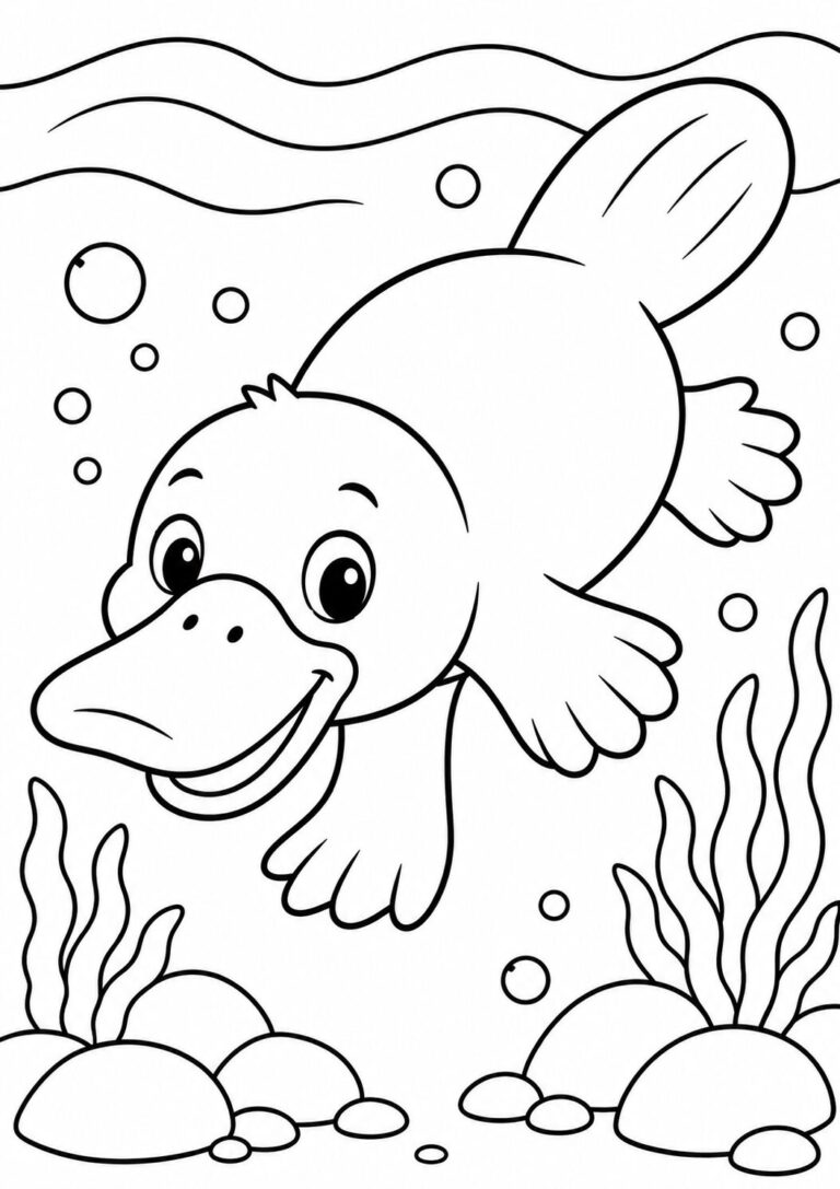 Children's coloring page showing a smiling platypus swimming underwater. Bubbles, rocks, and plants add detail to the charming scene. Kids can enjoy coloring the platypus with various colors.