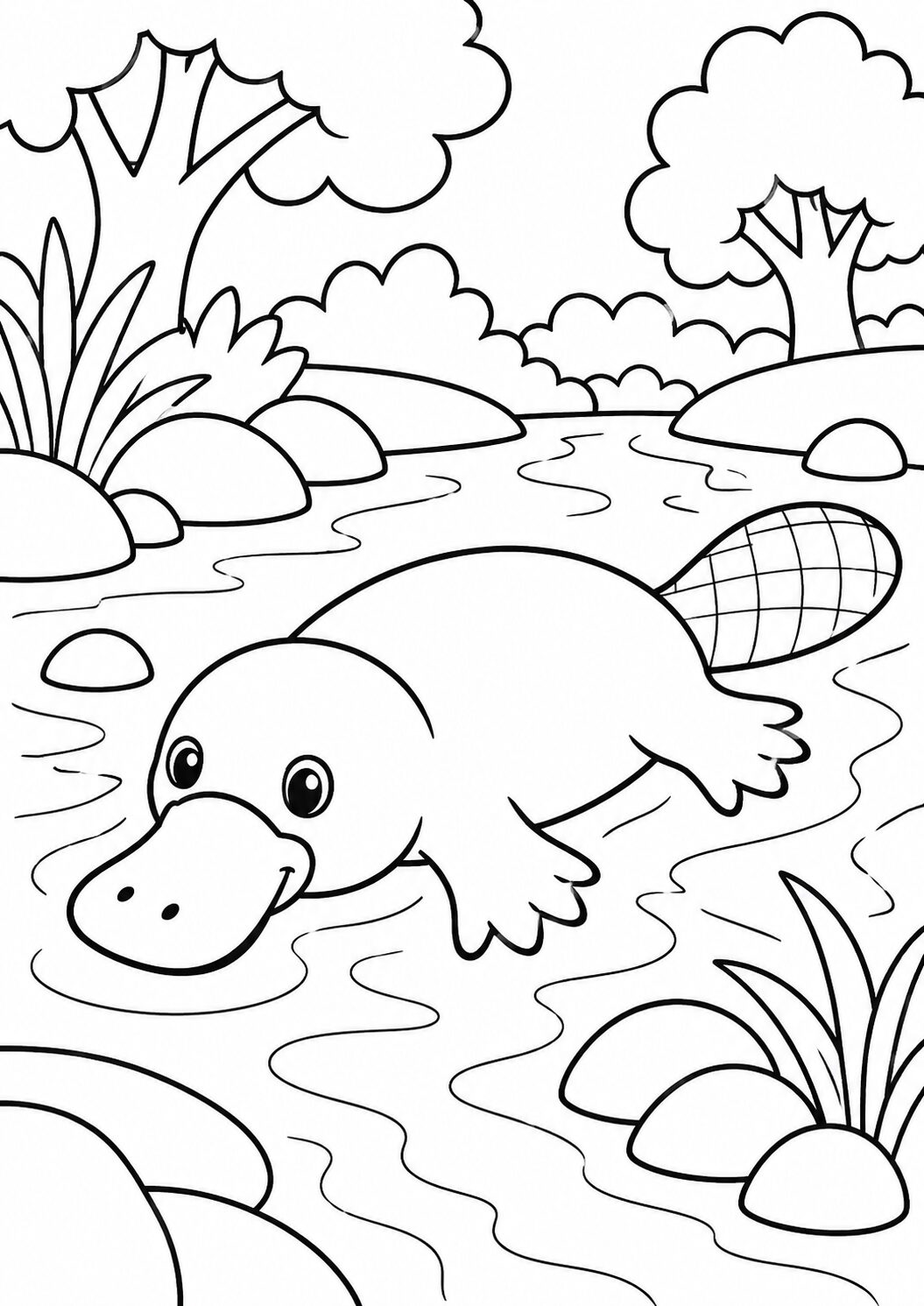 A delightful platypus swims in a peaceful pond, surrounded by plants and trees. Kids can color the platypus and the serene natural backdrop, enhancing their creativity and appreciating wildlife in an engaging way.