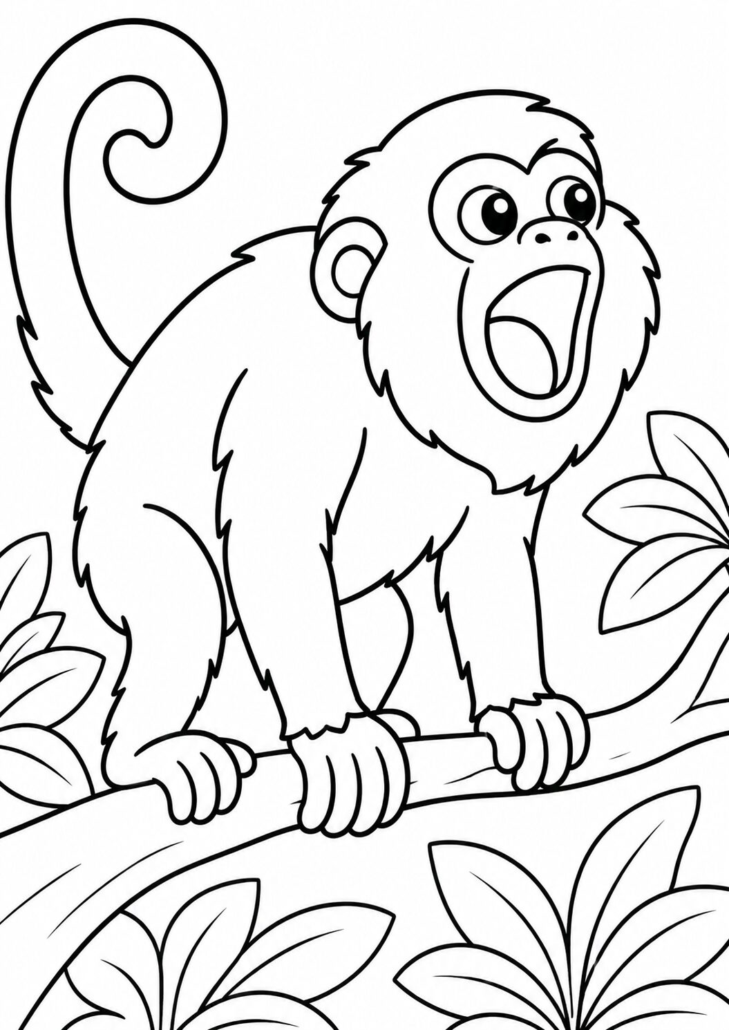 A playful monkey stands on a branch in a jungle setting, surrounded by lush leaves. This engaging coloring page invites children to add their unique colors to bring the lively jungle scene to life, making it an enjoyable and creative activity.