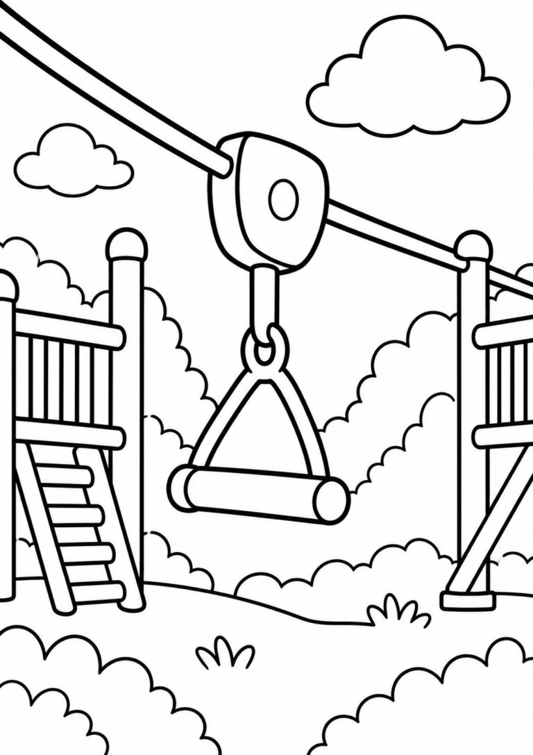 A detailed coloring page showing a playground zipline scene. Includes a zipline, ladders, and a grassy landscape. Perfect for kids who love outdoor activities.