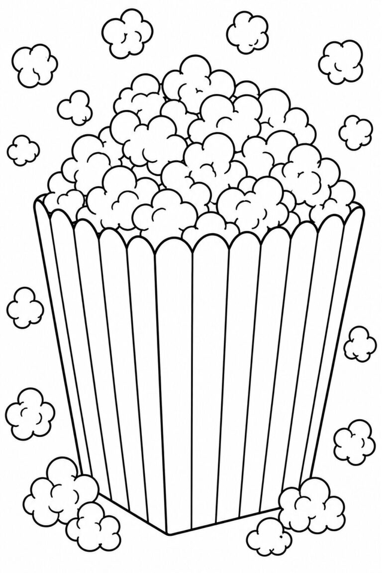 A detailed black and white illustration of a big bucket filled with fluffy popcorn. The popcorn pieces are overflowing, inviting children to color each element with their choice of colors and enhance their artistic skills.