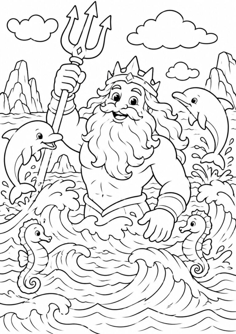 Poseidon coloring page featuring the sea god with a trident surrounded by dolphins and seahorses in a lively ocean scene, perfect for children's creative coloring adventures.
