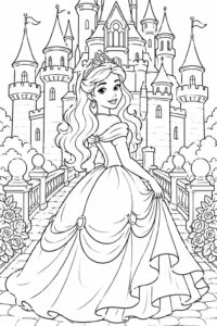 A detailed coloring page of a princess in a gown standing in front of an elaborate castle. Features include intricate turrets and a flowing dress, ideal for young artists to explore creativity.