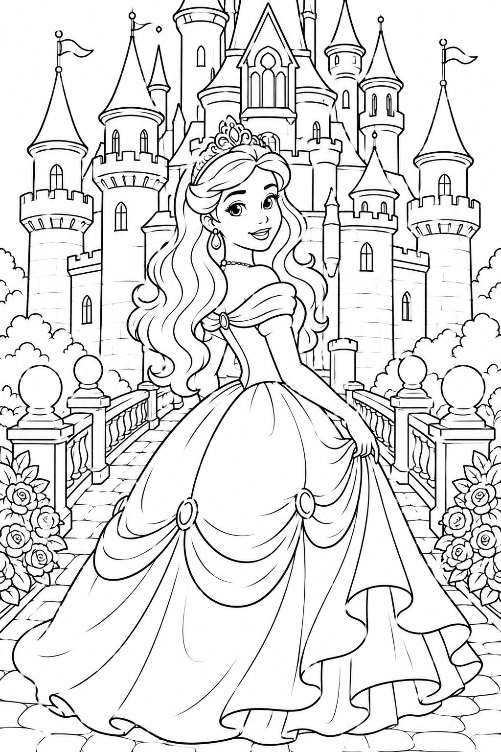 A detailed coloring page of a princess in a gown standing in front of an elaborate castle. Features include intricate turrets and a flowing dress, ideal for young artists to explore creativity.