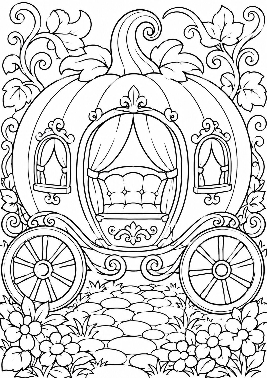 Detailed pumpkin carriage coloring page with floral designs. Perfect for children to explore their creativity with colors, imagining fairy tale journeys in a fantasy world.