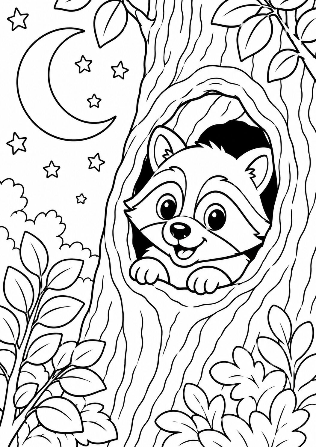 A cute raccoon peeks from a tree, with stars and a crescent moon shining in the night sky, offering a peaceful scene for children to color.