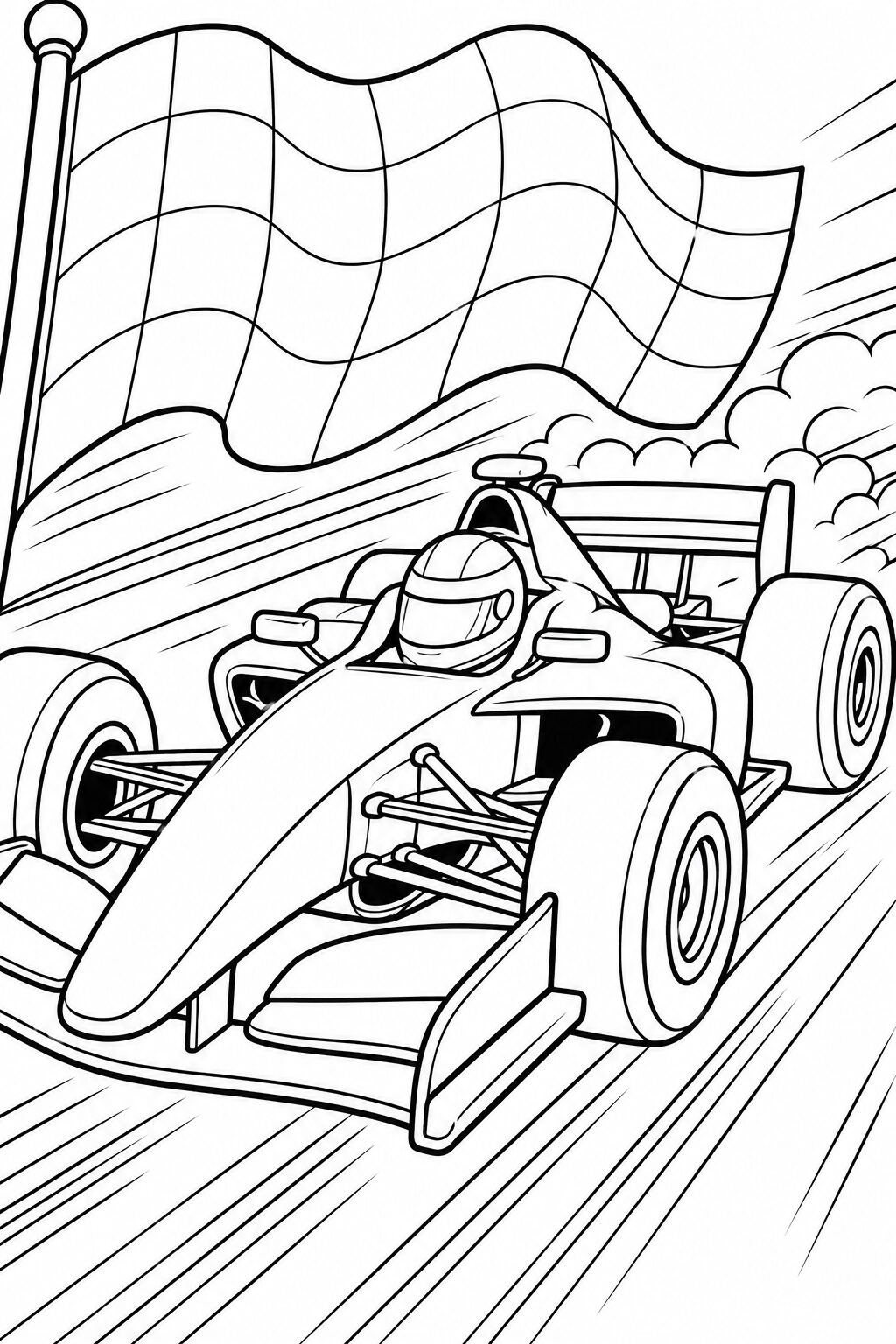 A race car with a driver is speeding along a track with a billowing checkered flag in the background, offering a vibrant and dynamic coloring experience for children.