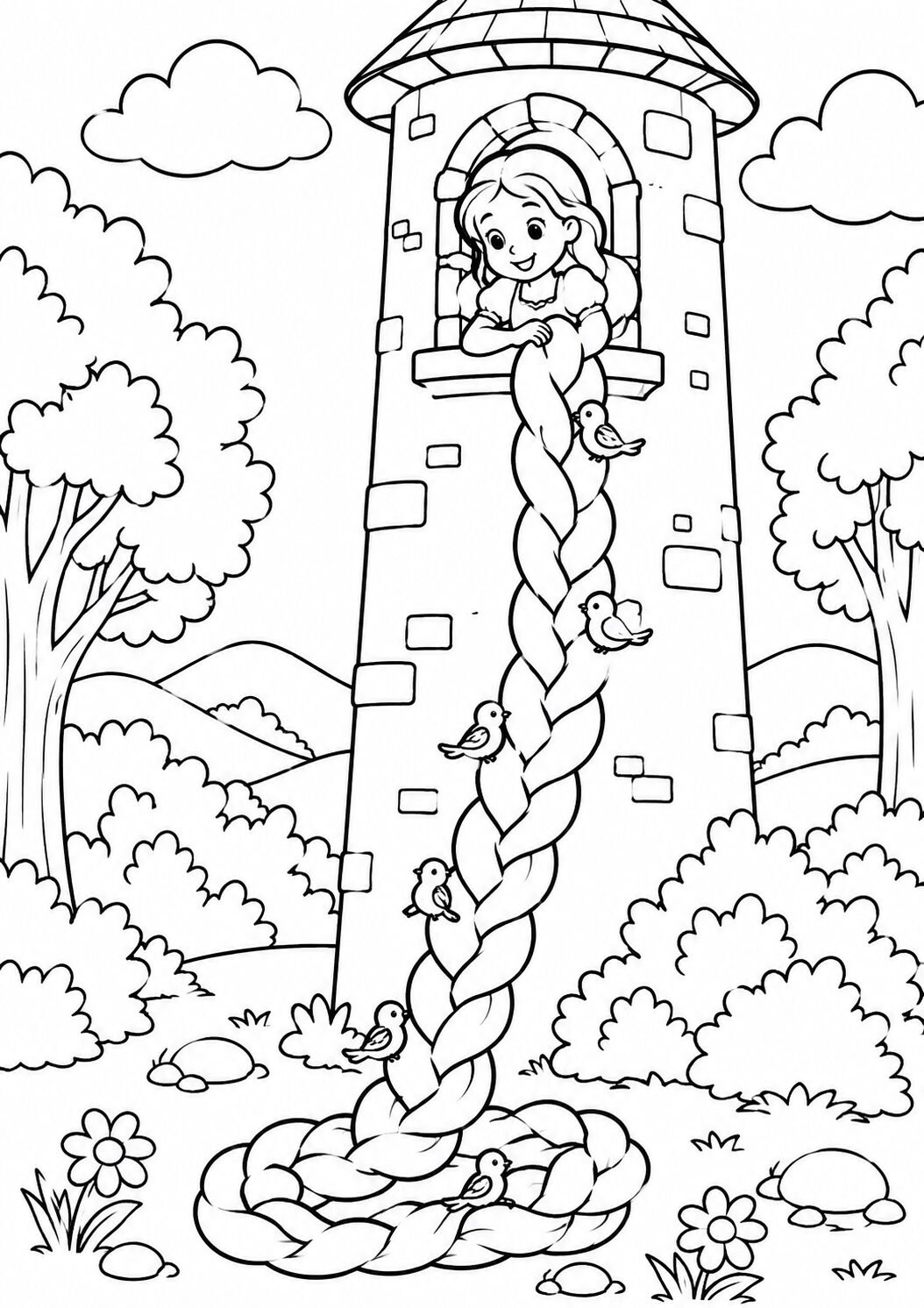 A coloring page of Rapunzel in a tower with her long braid hanging down. Birds sit on the braid as Rapunzel looks out. Trees and hills form a peaceful backdrop. Ideal for children to color and enjoy.