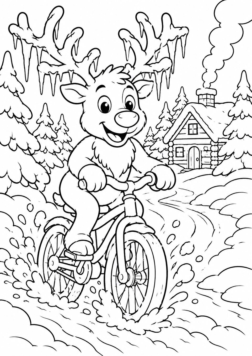 A cartoon reindeer riding a bicycle through a snowy forest. Icicles hang above, and a cabin emits smoke in the background. A picturesque winter scene perfect for a child's coloring activity.