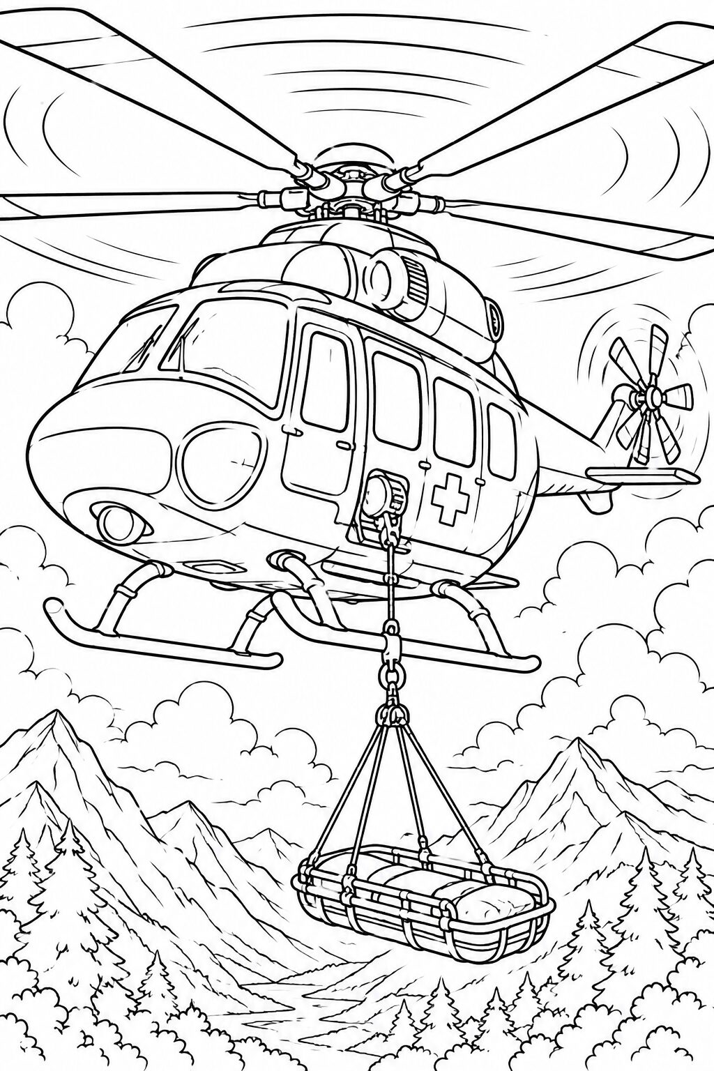 A detailed rescue helicopter flies over mountains carrying a stretcher. Ideal for kids' coloring, it highlights aviation and rescue operations. Trees and clouds add to the dramatic scene.