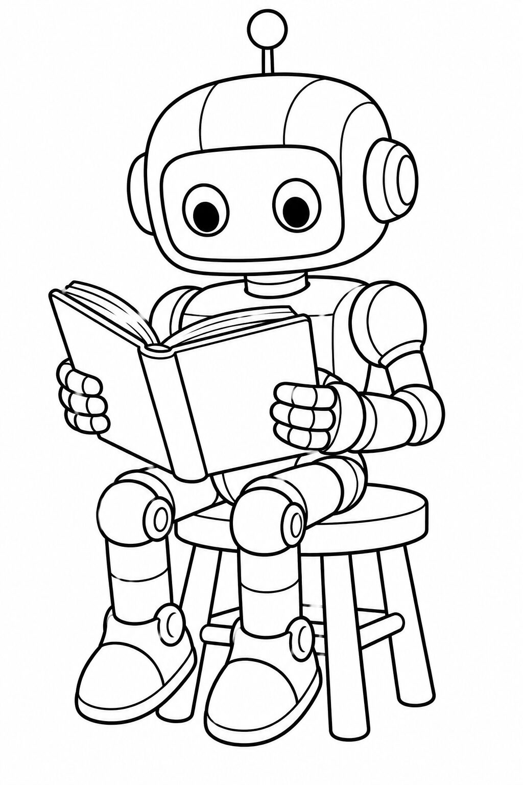 A cute robot sitting on a stool, engrossed in a book. This coloring page encourages creativity and offers a fun activity for children, allowing them to use their imagination and artistic skills.
