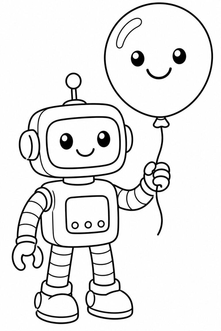 A cheerful robot with a smiling balloon, ready for children to color. The robot has a friendly face and flexible arms and legs, inviting creativity.