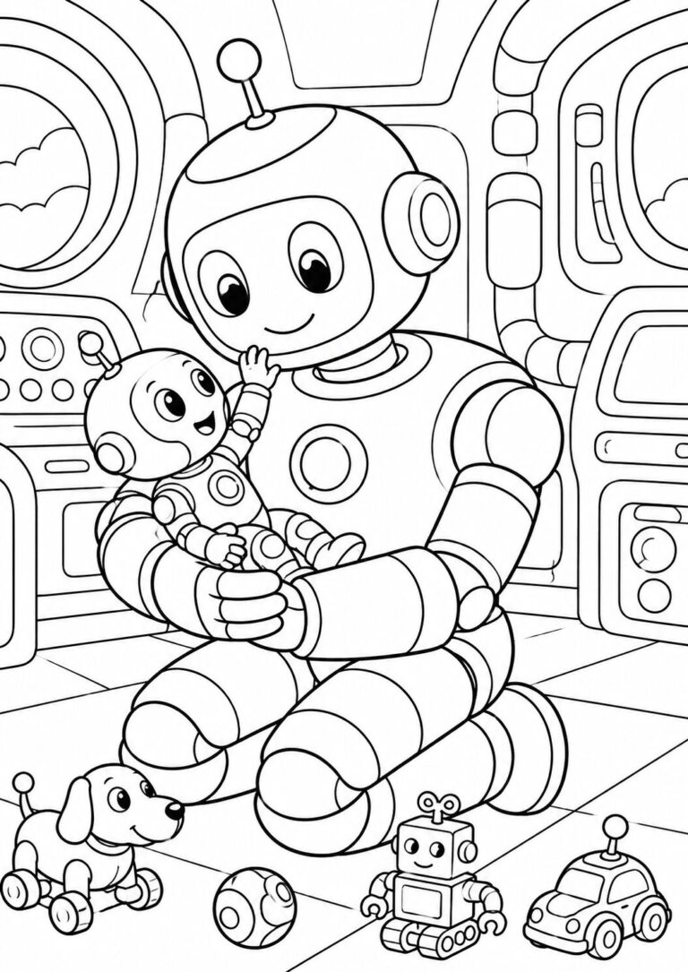 A fun coloring page depicting a robot family with a large robot holding a small one, surrounded by playful toys. Kids can color the robots and setting to spark their creativity and imagination.