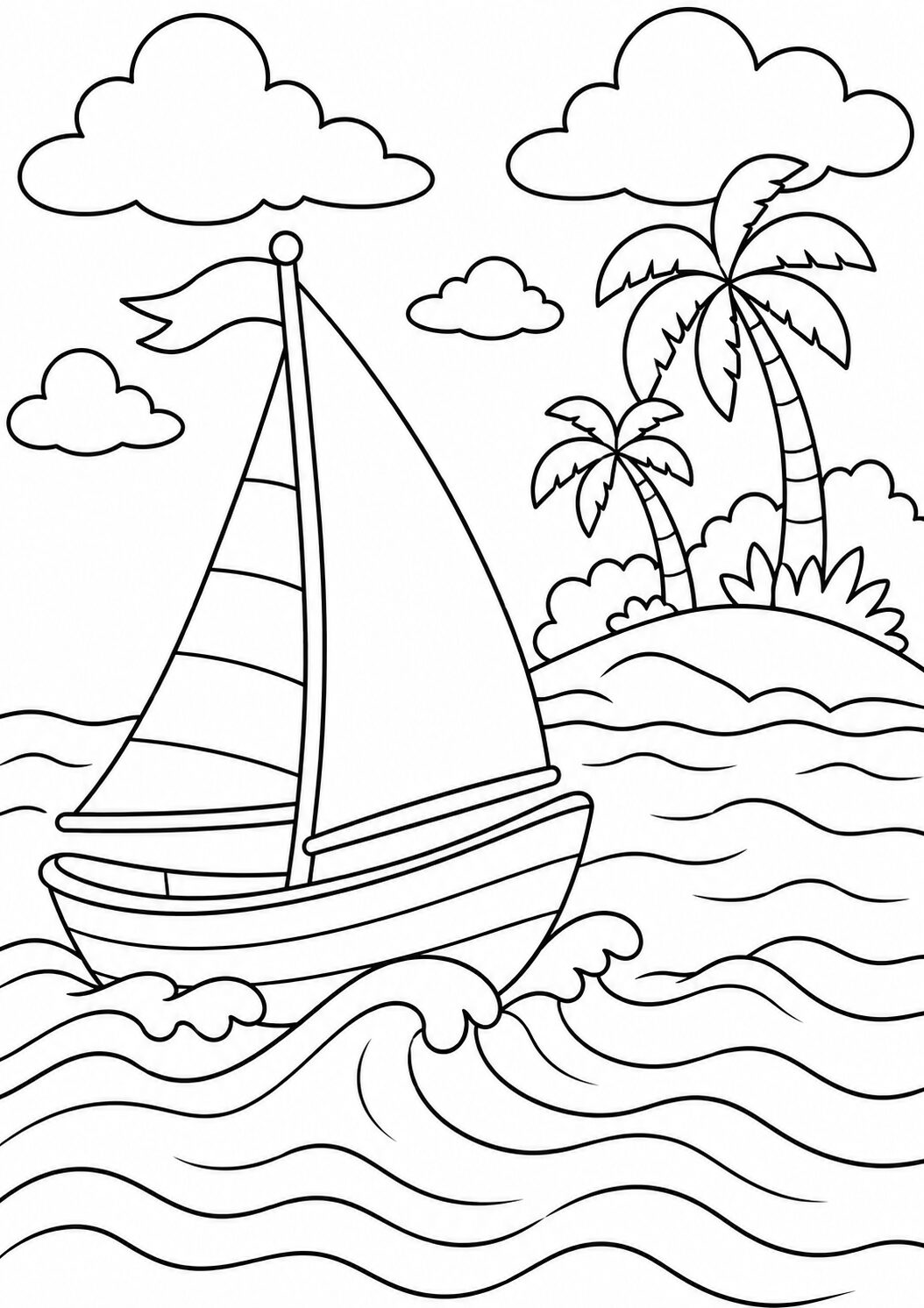 Coloring page of a sailboat on ocean waves with palm trees and clouds in the background. Perfect for kids who love ocean adventures and nautical themes.