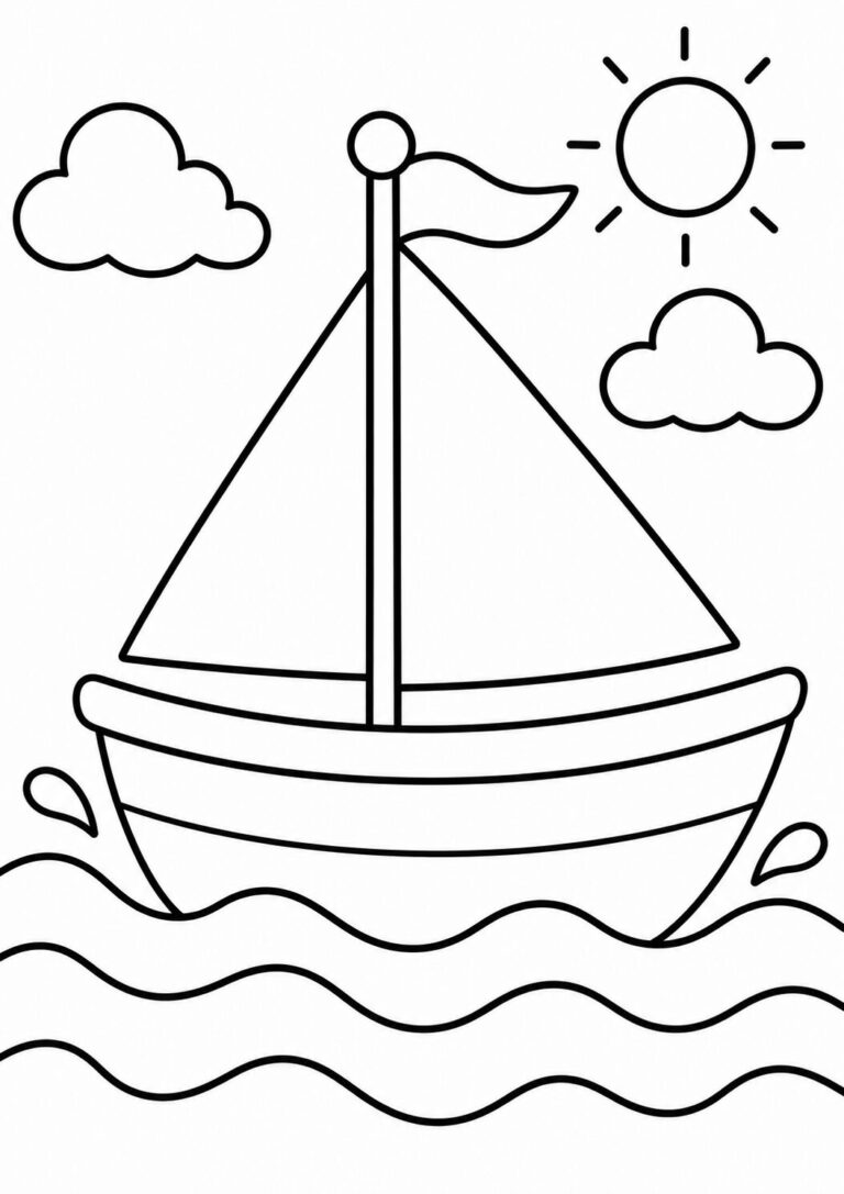 A simple line drawing of a sailboat on waves, with a sun and clouds in the sky, designed for children to color creatively.