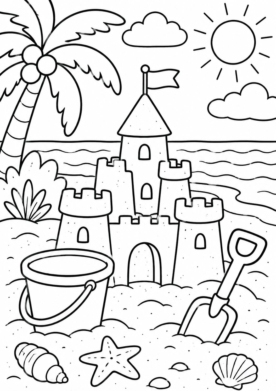 A playful sandcastle coloring page depicting a detailed beach scene with a sandcastle, palm tree, ocean waves, and various beach toys including a bucket, spade, and seashells, set under a sunny sky.