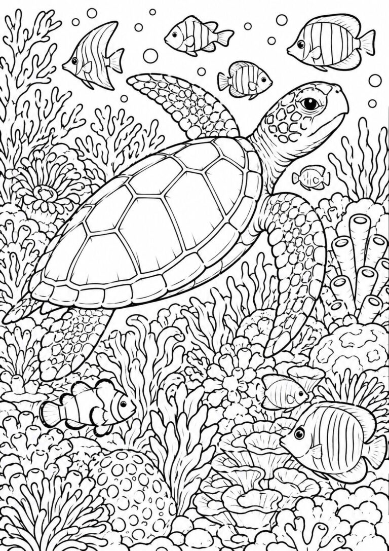 A detailed coloring page featuring a sea turtle swimming among corals and various fish, designed to educate children about marine life and inspire their creativity.