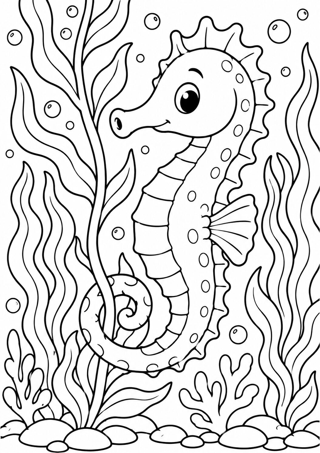 A whimsical coloring page of a seahorse surrounded by flowing seaweed and bubbles, inviting children to bring it to life with vibrant colors.