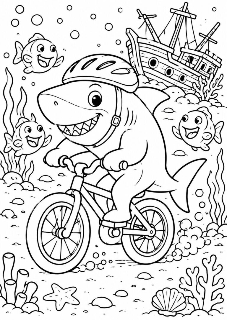 Children can color a joyful shark on a bicycle, joined by smiling fish and an underwater shipwreck. This engaging coloring page invites creativity and adds fun to the coloring experience.