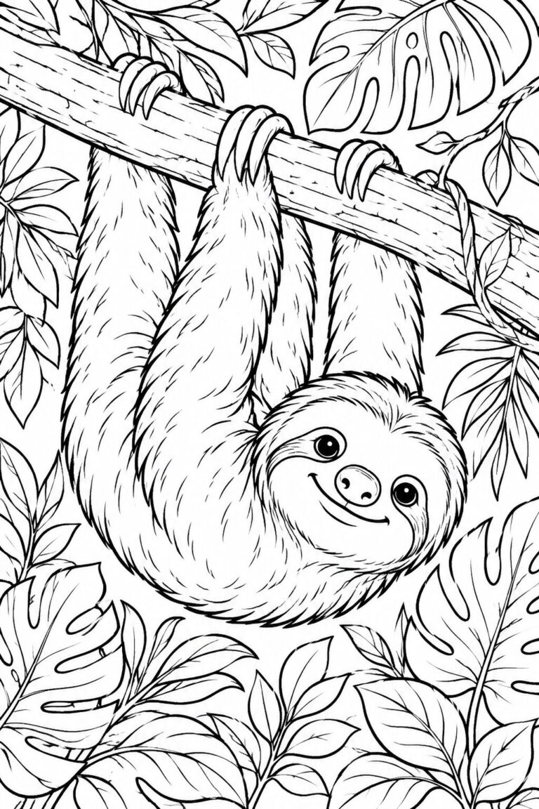 A cute sloth hanging from a tree branch, surrounded by jungle leaves. Perfect for kids to color while learning about nature and animals.