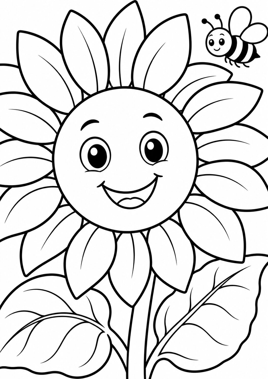 A happy sunflower with a smiling face and detailed leaves, alongside a cute bee, perfect for children's coloring activities, encouraging creativity and nature appreciation.