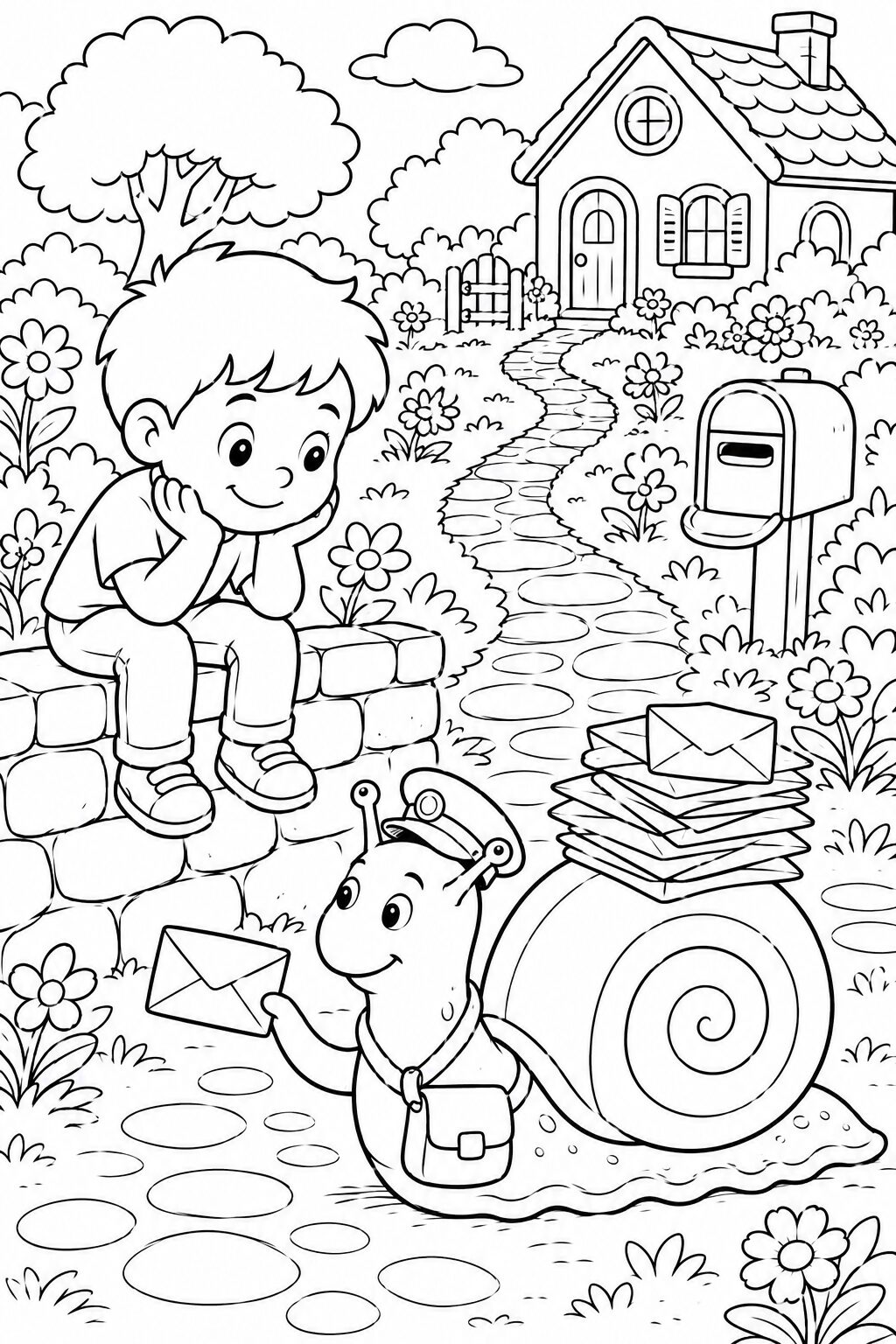 A charming scene depicting a snail mail carrier delivering letters to a boy sitting on a brick wall. The area is adorned with flowers, a house, and a path leading to the mailbox.