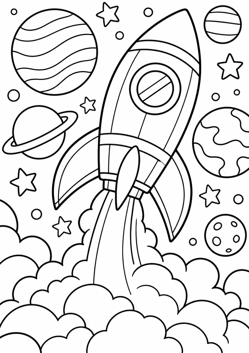 A coloring page featuring a rocket ship flying through space, surrounded by stars, planets, and clouds, providing children with a creative space adventure.