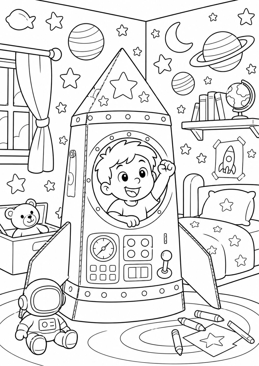 Coloring page showing a child in a spaceship-themed room. Surrounded by stars and planets, the child is excited about space exploration. A teddy bear and books add warmth and fantasy to the scene.